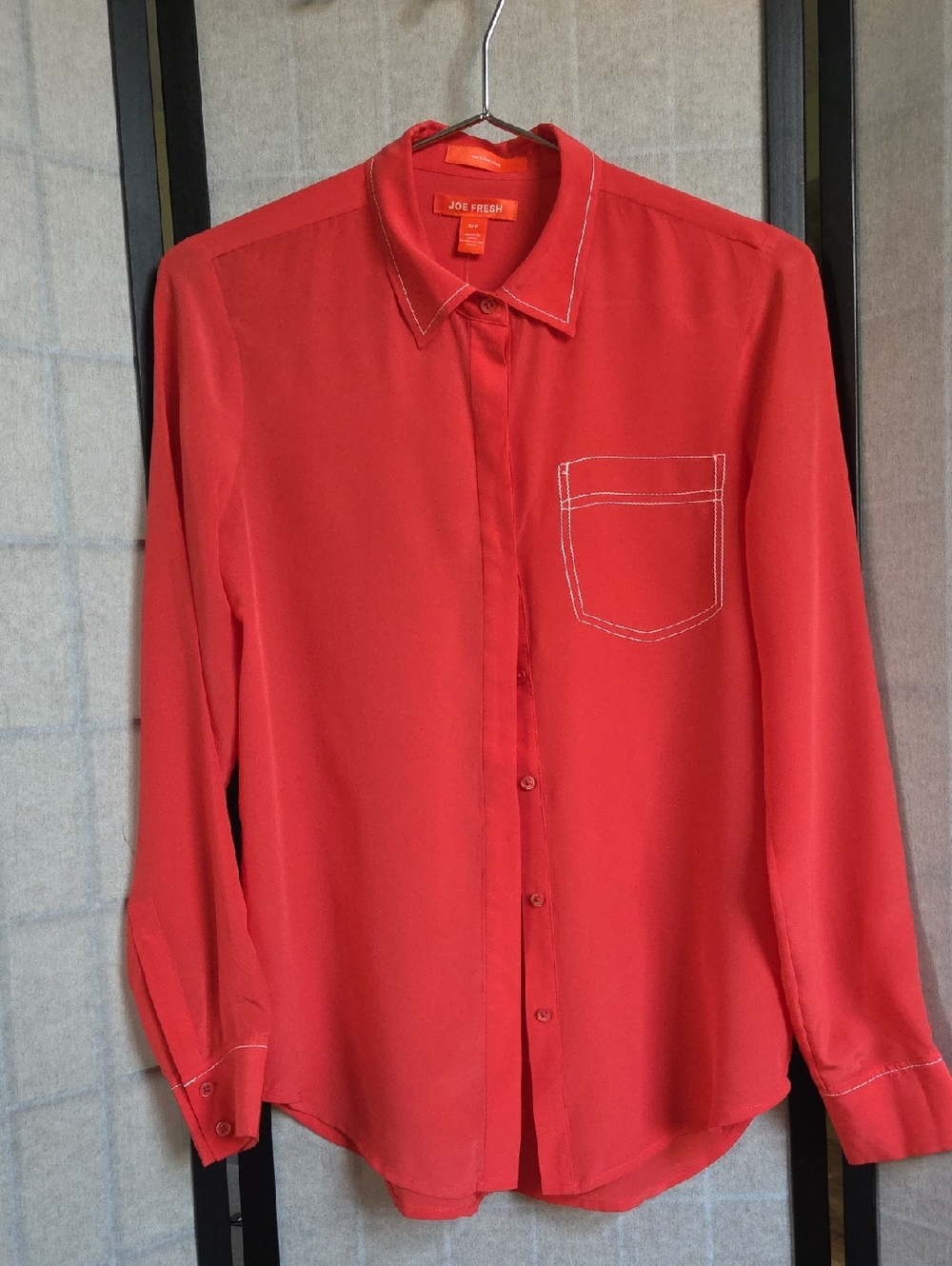 Joe Fresh Long-Sleeve Button-Down Shirt with Contrast Stitching 100% Silk